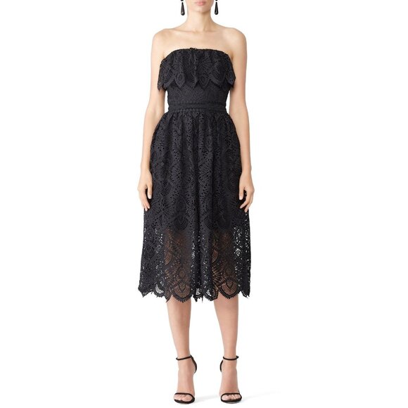 Shoshanna Black Lace Eleanora Strapless Midi Dress Cocktail Black 2